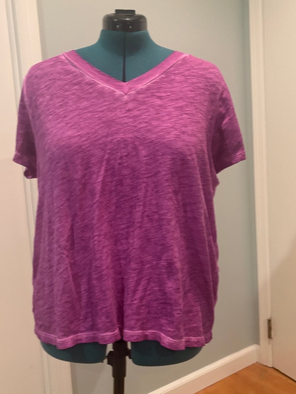 Eileen Fisher V-Neck Short Sleeve Tee in Bright purple tie dye like pattern